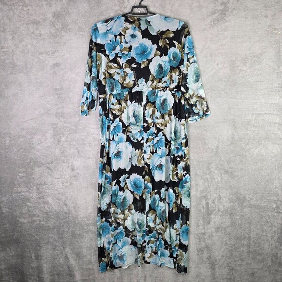 Womens Connected Apparel Black Blue Floral Maxi Faux Wrap Dress 3/4 Sleeves 24W - Picture 6 of 9